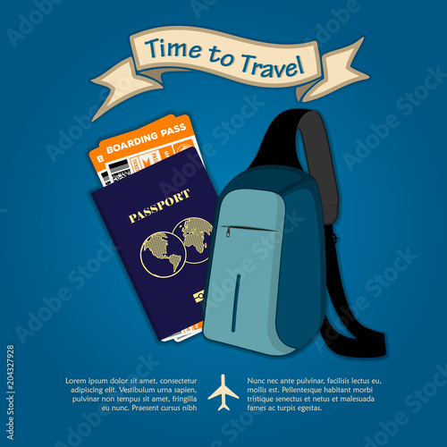 Time to travel. Bag, international passport and boarding passes tickets for traveling by plane. Concept for travel and vacations. Vector illustration