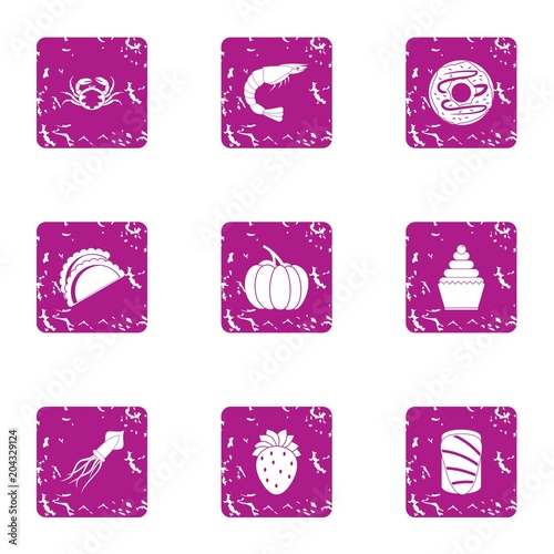 River food icons set, grunge style