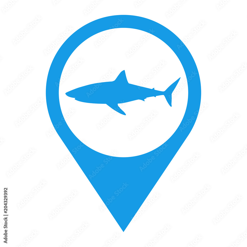 Icono plano localizacion tiburon blanco azul