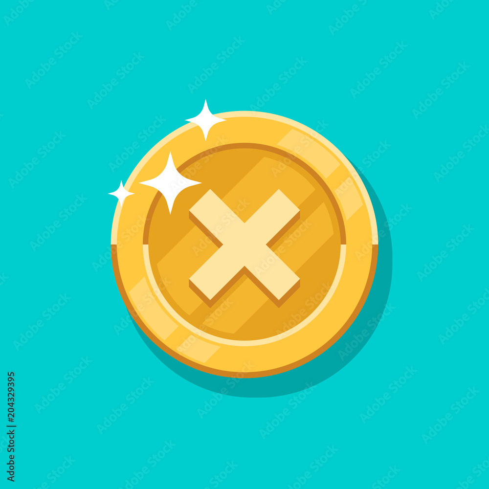 Failure sign gold coin vector icon. Flat cartoon golden metal money isolated on blue background. Failure sign gold coin vector icon. Flat cartoon golden metal money isolated on blue background.