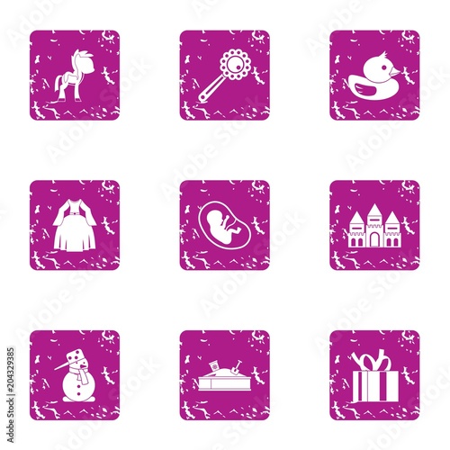 Children beginning icons set, grunge style
