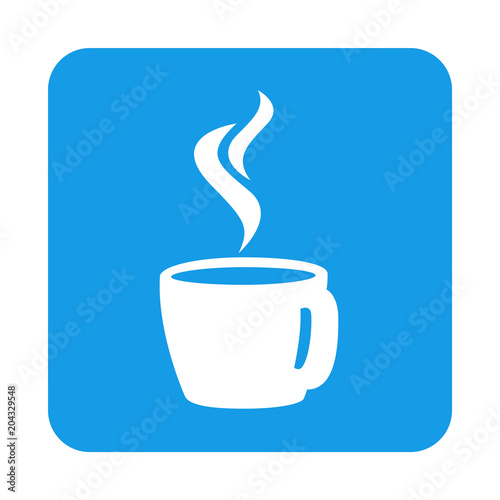 Icono plano taza cafe caliente vista trasera en cuadrado azul