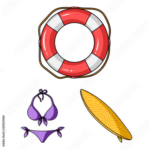 Surfing and extreme cartoon icons in set collection for design. Surfer and accessories vector symbol stock web illustration.