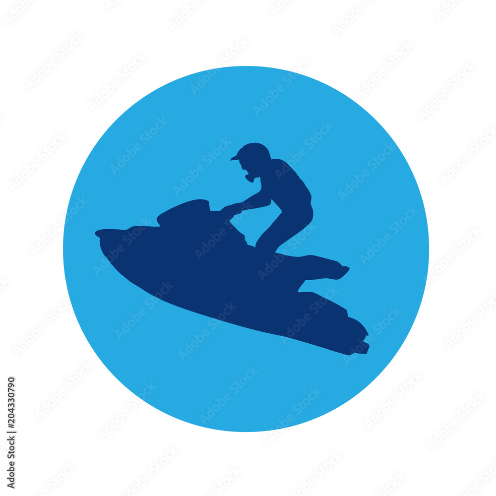 Icono plano silueta moto acuatica en circulo azul
