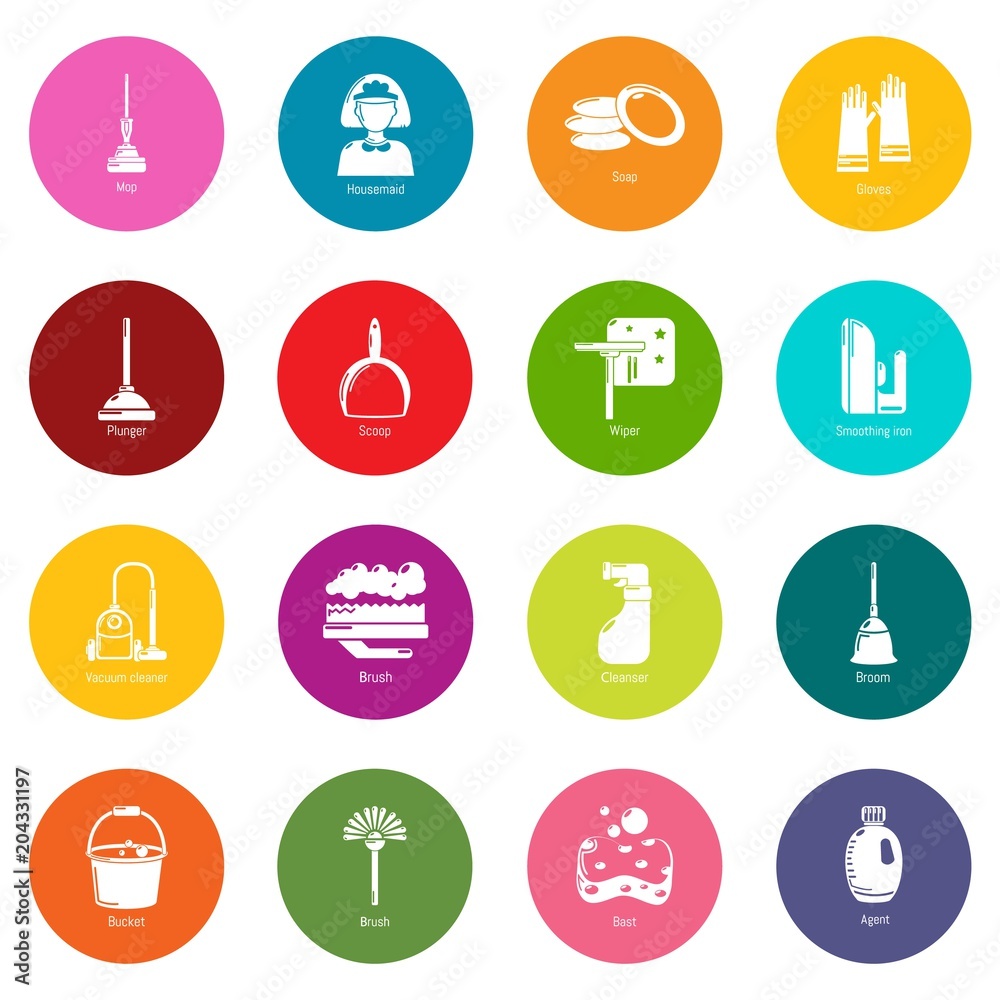 Cleaning tools icons set colorful circles vector