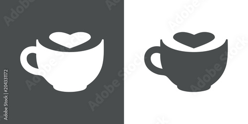 Logotipo taza de cafe con corazon espacio negativo en gris y blanco