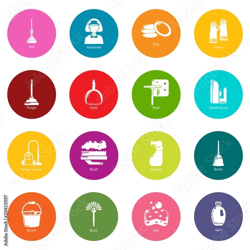 Cleaning tools icons set colorful circles vector