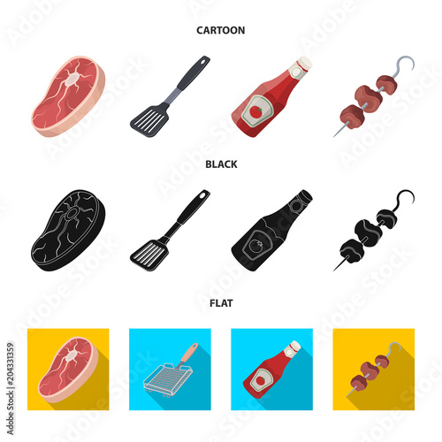Raw meat steak, grill with handle, bottle of ketchup, shish kebab.BBQ set collection icons in cartoon,black,flat style vector symbol stock illustration web.