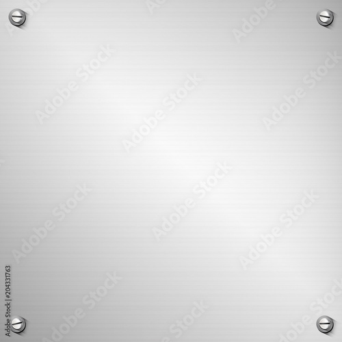 stainless steel background containing: a polished and smooth textured iron plain sheet template, four realistic and differently positioned screws, transparent drop shadows, eps10 vector illustration
