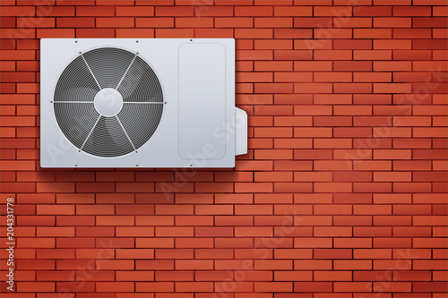 Classic Split air conditioner house system. Externally fitted unit on brick wall. Evaporation cooler with heat pump system. Vector Illustration