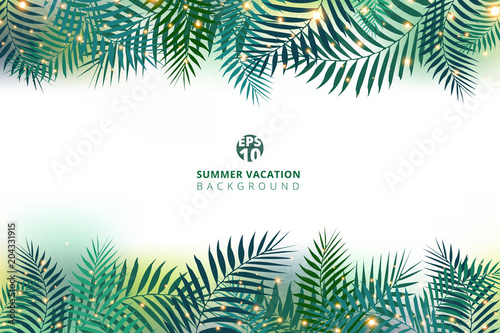Summer time vacation and green palm leaves with lighting effect on white background.