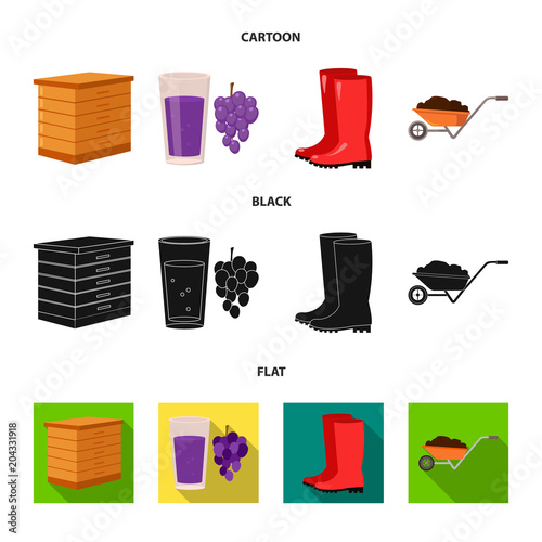Hive, grapes, boots, wheelbarrow.Farm set collection icons in cartoon,black,flat style vector symbol stock illustration web.