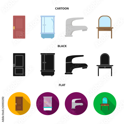 Door, shower cubicle, mirror with drawers, faucet.Furniture set collection icons in cartoon,black,flat style vector symbol stock illustration web.