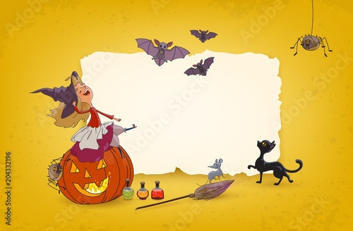 Halloween background Young witch sitting on pumpkin Festive advertising bannerparty and holiday sales