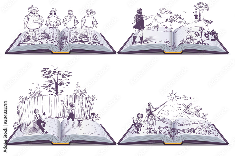 Obraz premium Set open book illustration musketeers, Tom Sawyer and Don Quixote