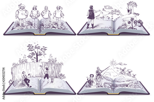 Set open book illustration musketeers, Tom Sawyer and Don Quixote photo