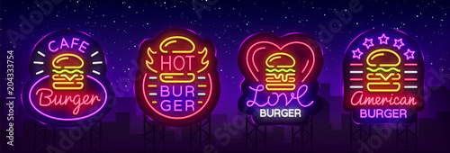 Burger Cafe set of neon signs. Fastfood burger sandwich collection logos in neon style, banner, design template, night advertising for dining, restaurant, snack bar, street food. Vector. Billboard