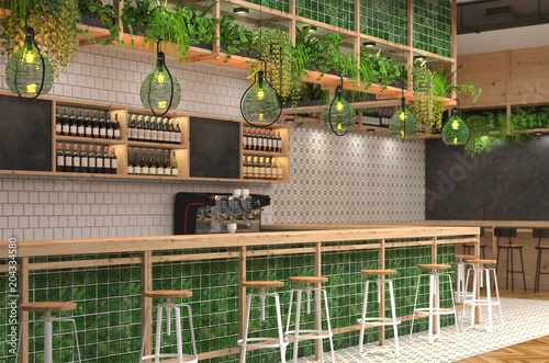 Modern design of the bar in loft style with green colors.  3D visualization  of the interior of a cafe with a bar counter. Blurred background with depth of field.
