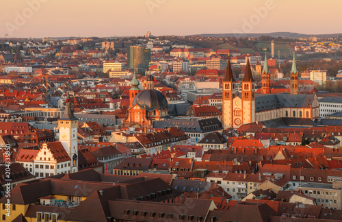 Aerial view of Historic city of Wurzburg at the sunset, Germany.