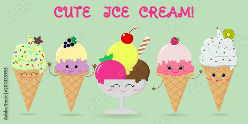 A set of five different sweet ice cream smiley on a background with text. Cartoon Style. Flat , vector illustration.