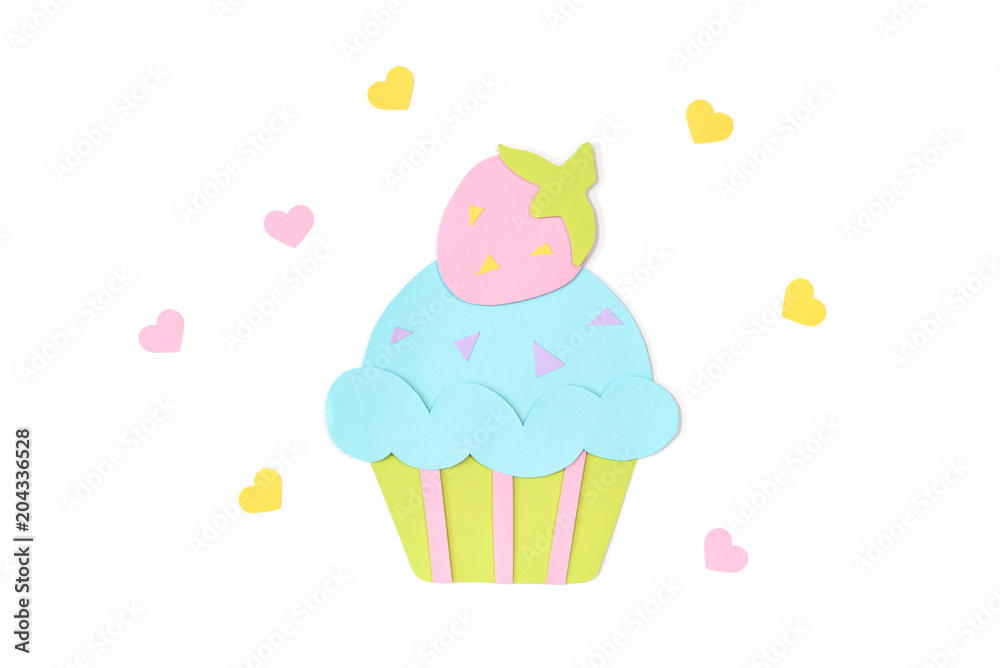 Strawberry cupcake paper cut on white background - isolated