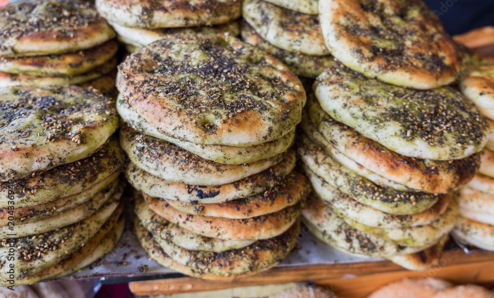 Tradition arabic bread - Pita with zaatar and sesame seeds