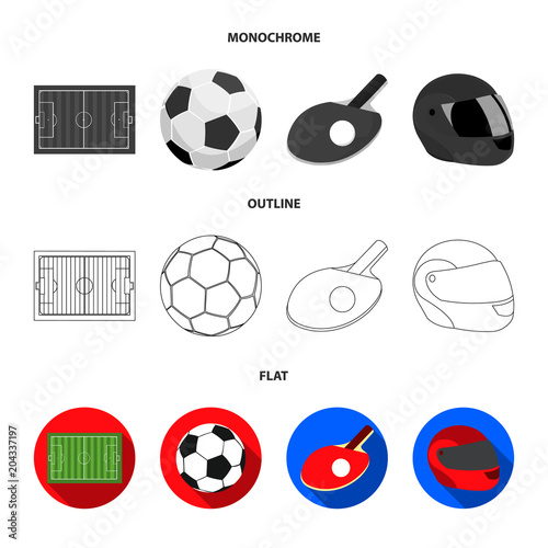 Field, stadium with markings for playing football, football ball, racket with a ball for ping-pong, protective helmet for the game,glove for baseball or rugby. Sport set collection icons in flat photo