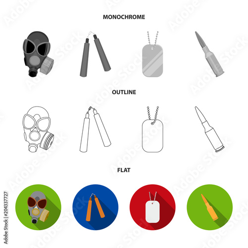 Gas mask, nunchak, ammunition, soldier token. Weapons set collection icons in flat,outline,monochrome style vector symbol stock illustration web. photo