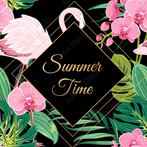 Orchid flowers, monstera tropical jungle palm tree leaves. Pink exotic flamingo birds. Summer time sale banner. Square border template text placeholder. Vector design illustration black background.