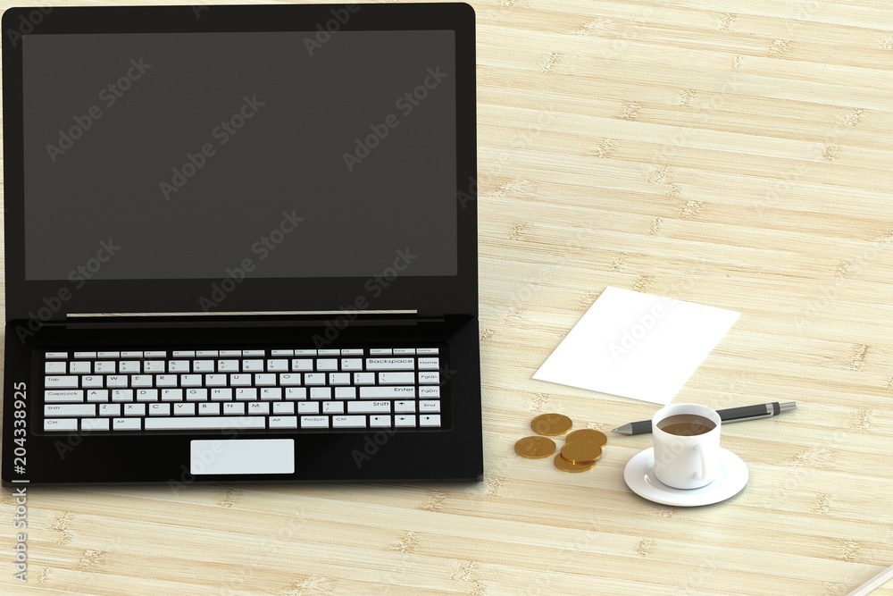 3D rendering office workspace on wood table 3D rendering office workspace on wood table