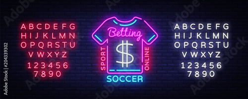 Betting Soccer neon sign. Football betting logo in neon style, T-shirt concept, light banner, bright night betting sports advertisement, design element gambling, casino. Vector Editing text neon sign