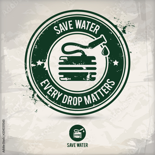 alternative eco water stamp containing: two environmentally sound eco watering motifs in circle frames, grunge ink rubber stamp effect, textured carton paper background, eps10 vector illustration