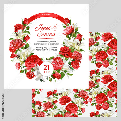 Cover of wedding invitation and seamless pattern. Red Roses, Peonies and white Lilies on light background.