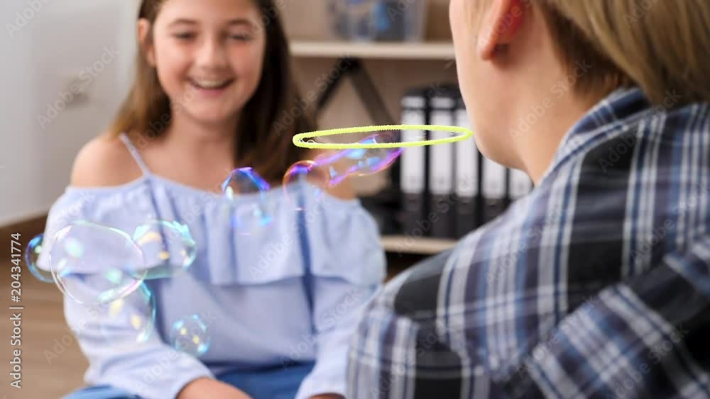 Woman blowing soap bubbles to her daughter. The bubbles are in focus while the teenage girl who is smashing the bubbles is out of focus. Super slow motion. Woman blowing soap bubbles to her daughter. The bubbles are in focus while the teenage girl who is smashing the bubbles is out of focus. Super slow motion.