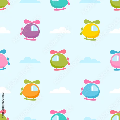 Tapety Bezszwowy wzór z kolorowymi helikopterami na niebie