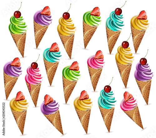 Ice cream pattern Vector. Colorful different flavors dessert banner illustrat...