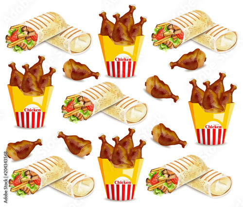 Chicken wings and shawarma Vector pattern. Fast food backgrounds
