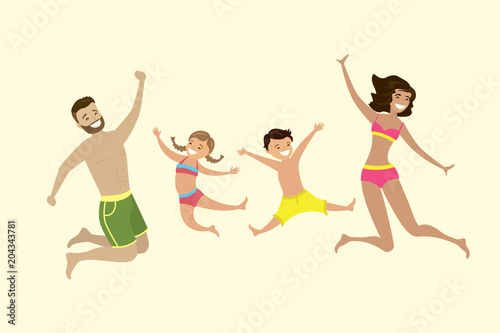 Happy caucasian family jumping in swimsuits 