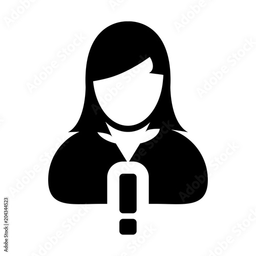 Alert icon vector female user person profile avatar symbol for caution information and support service in flat color glyph pictogram illustration
