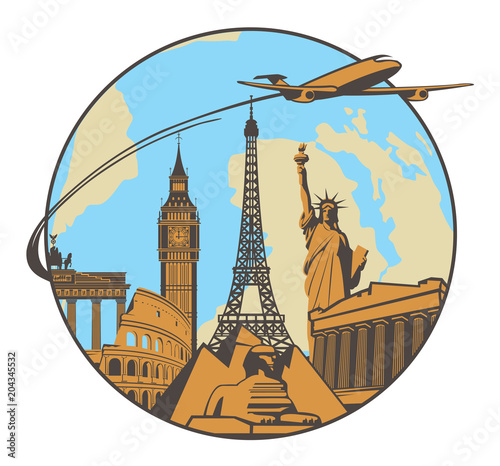 Travel vector banner with various tourist attractions and a passenger plane on a background of planet Earth. Air transportation