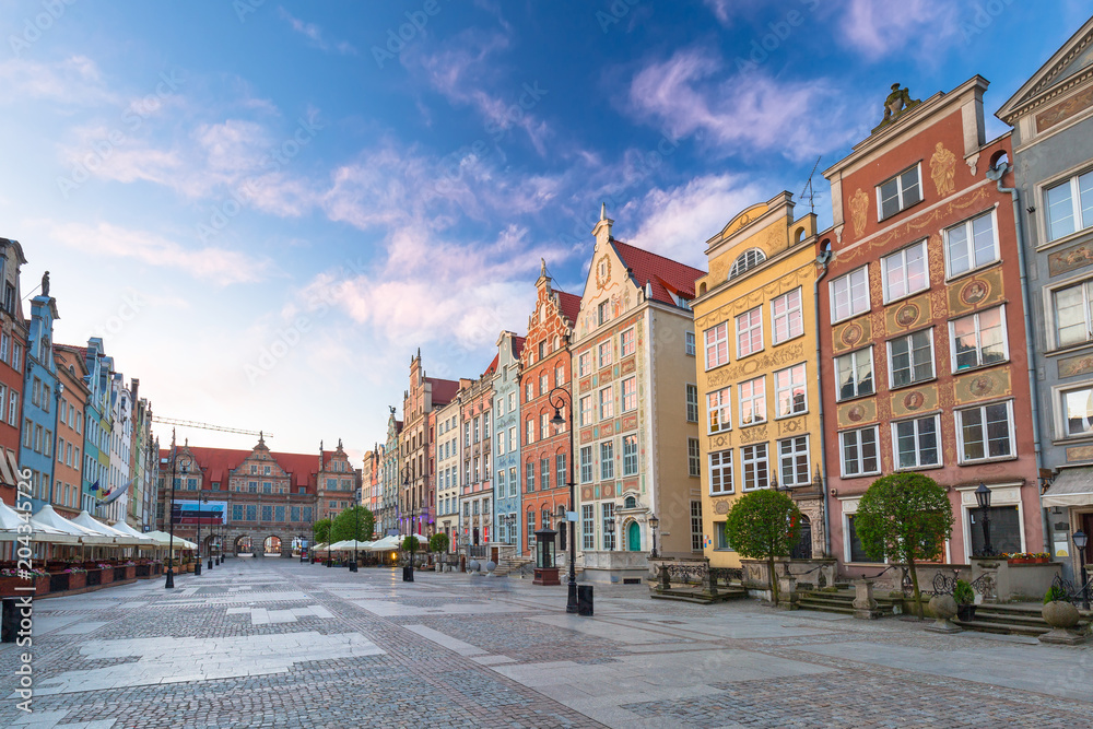 Architecture of the old town in Gdansk at sunrise, Poland.
