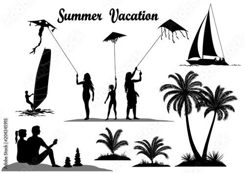 Summer Vacation Set. People with Kites, Surfer in the Sea, Tropical Palm Trees and Exotic Plants, Sailboat, Black Silhouettes Isolated on White Background. Vector