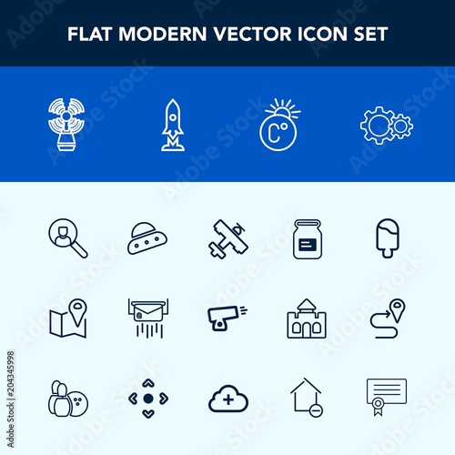 Modern, simple vector icon set with dessert, container, military, technology, ship, map, food, post, sweet, tin, war, computer, message, pin, beacon, can, gun, cream, aluminum, plane, road, ufo icons