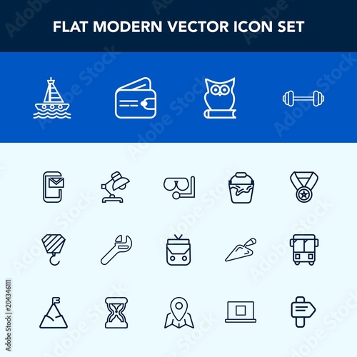 Modern, simple vector icon set with container, style, lamp, home, spanner, bird, success, phone, equipment, exercise, mail, bag, diving, reward, award, mask, glass, tool, object, bucket, workout icons