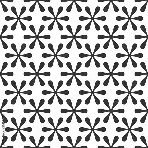     Rounded stars. Llike a flowers with six petals. Abstract monochrome geometric background. Monotonous seamless pattern. Diagonal layout.