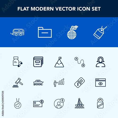 Modern, simple vector icon set with bus, face, tag, nature, yacht, medical, vehicle, destination, vitamin, development, sale, medicine, position, personal, ocean, lawyer, health, library, boat icons