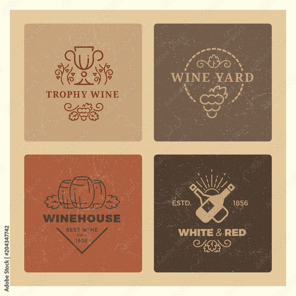 Grunge wine logos. Vintage hipster wine vector emblems