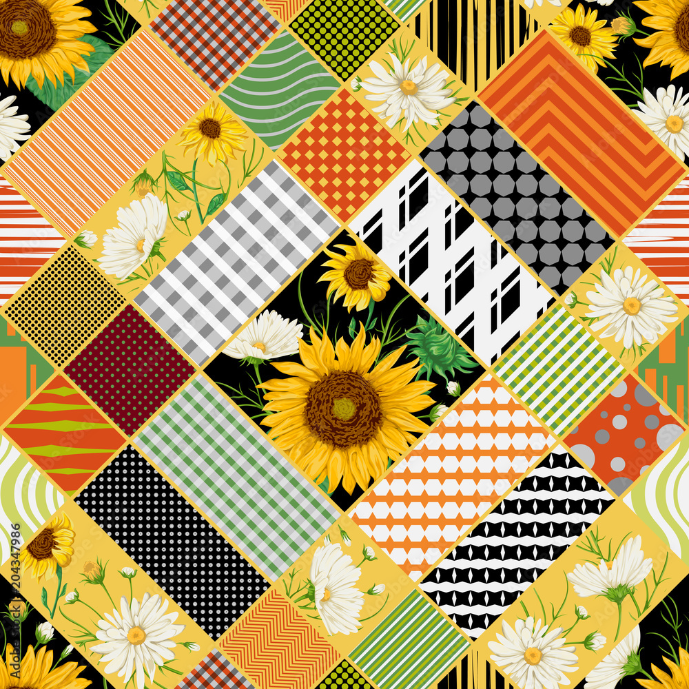 Seamless patchwork pattern with sunflowers, white chamomile flowers and geometric ornament. Vintage vector illustration in watercolor style.  - obrazy, fototapety, plakaty 