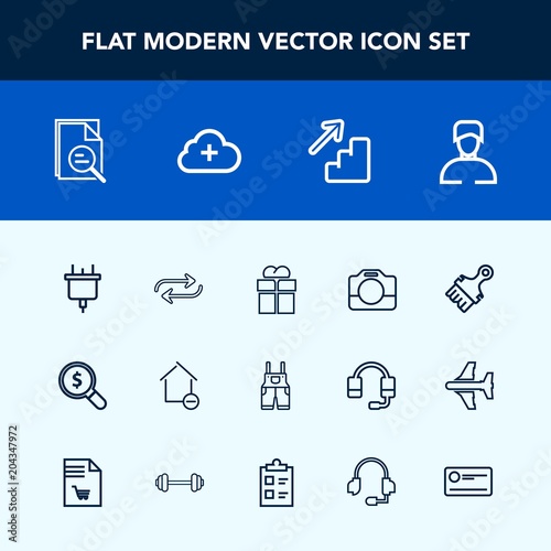 Modern, simple vector icon set with uniform, giftbox, concept, electric, gift, property, money, internet, upstairs, film, find, wear, web, replacement, camera, cloud, handle, cheque, male, box,  icons