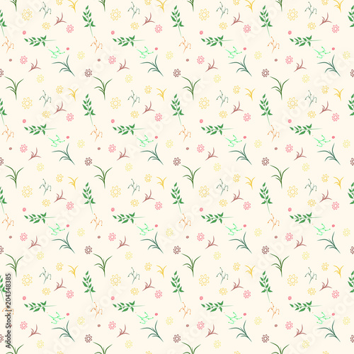 Vector floral pattern in doodle style with flowers and leaves. Gentle, spring floral background